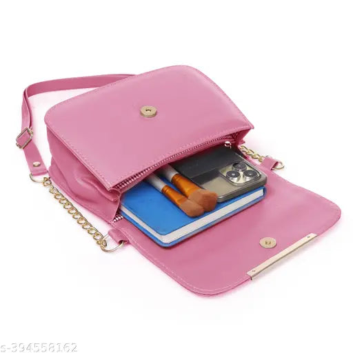 Faux leather crossbody bag, 3 compartments, gold chain belt, solid pattern, elegant party design, India origin