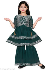 Embroidered cotton silk palazzo set for kids, Indian fancy dresses in three-quarter sleeves. Sizes: 4-5yrs, 5-6yrs, 6-7yrs, 7-8yrs, 8-9yrs, 9-10yrs, 10-11yrs
