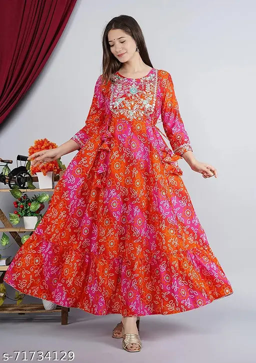 Red and Orange rayon printed Anarkali embroidery kurti with three-quarter sleeves, round neck - Indian partywear fashion