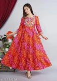 Red and Orange rayon printed Anarkali embroidery kurti with three-quarter sleeves, round neck - Indian partywear fashion