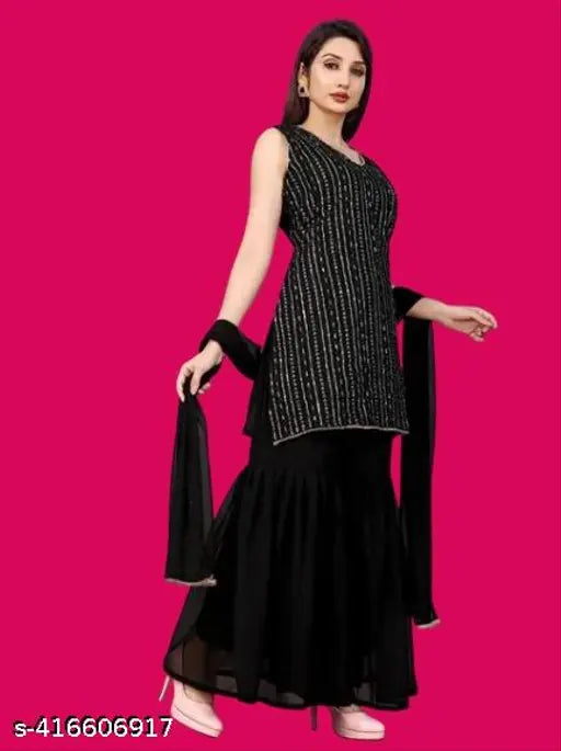 Black embroidered women's faux georgette kurta with sharara and dupatta stitched