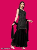 Black embroidered women's faux georgette kurta with sharara and dupatta stitched