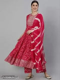 Red chiffon embroidered anarkali gown with dupatta and pant, Rayon fabric, three-quarter sleeves, printed design, India origin