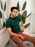 Men's solid polo neck poly cotton green T-shirt with half selvess design, 50% cotton for timeless premium look and durability
