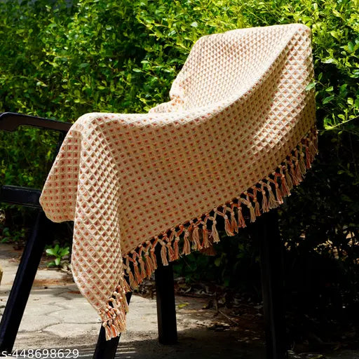 Orange beige waffle throw, checked pattern, handcrafted cotton net, reversible design, Indian origin