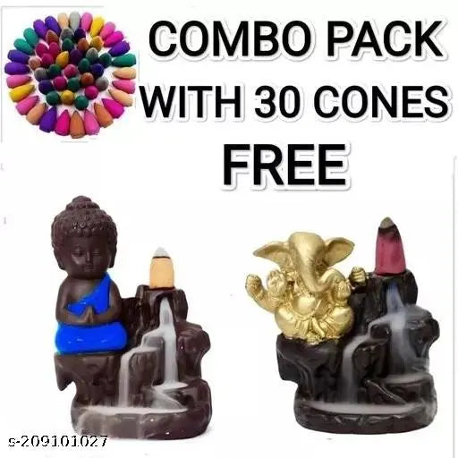 Antique blue Buddha & Ganesha resin showpiece combo, Indian decorative idols for home, 5"x10"x3", includes 30 cones