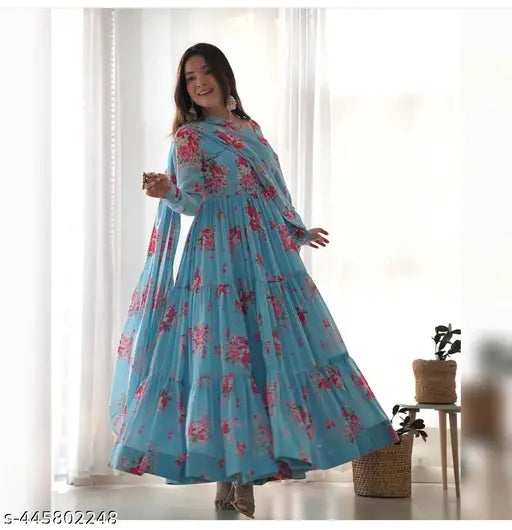 Georgette printed designer gown for women, full flair Anarkali with dupatta and waist belt, soft weightless fabric, floral print design, three-quarter sleeves. Size S (36in), M (38in) L (40in), XL (42in), XXL (44in). India origin