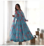 Georgette printed designer gown for women, full flair Anarkali with dupatta and waist belt, soft weightless fabric, floral print design, three-quarter sleeves. Size S (36in), M (38in) L (40in), XL (42in), XXL (44in). India origin