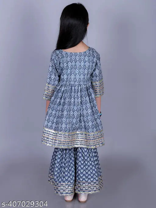 Grey cotton hand block print Anarkali/Flared Kurta & Sharara Set - intricate embellishments, glamorous girls ethnic wear, Indian festival outfit for 2-14 years