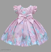 Yellow satin kids long frock with short sleeves, printed pattern, suitable for 2-3 years old