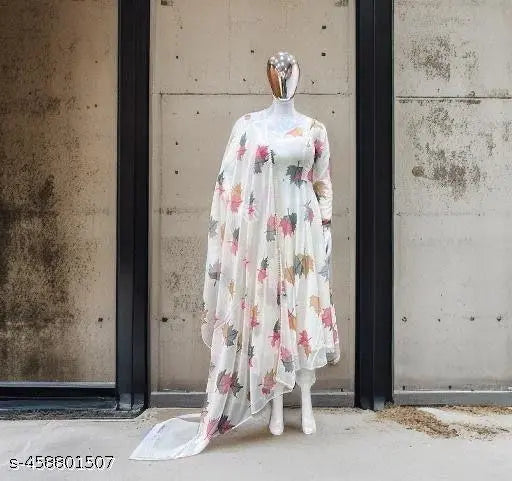 Georgette petite kurti with long sleeves, trendy printed combo, size S (36in bust, 48in length)