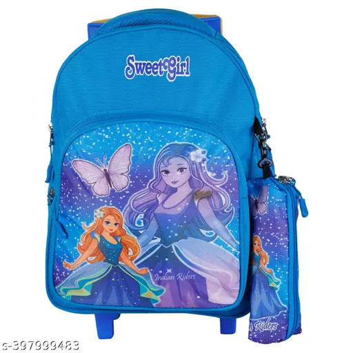 Blue polyester waterproof trolley bag, ideal for school kids (17/30L). Durable, spacious, and trendy Indian Riders backpack with adjustable straps