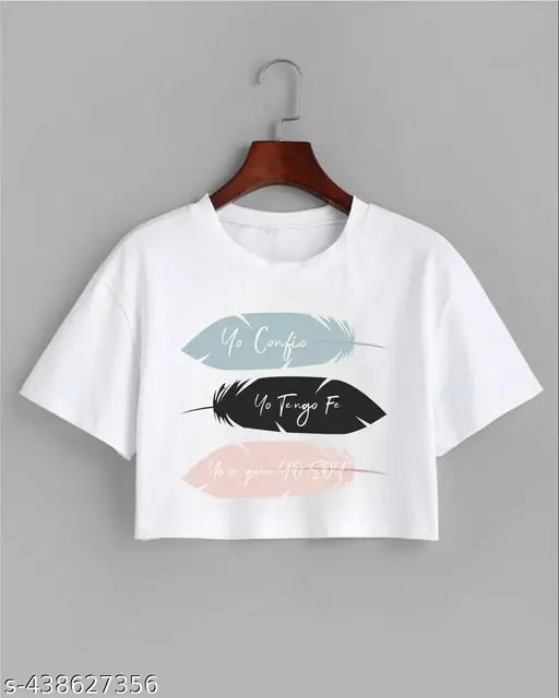 White cotton blend printed crop top with feather design, short sleeves and flattering fit for women