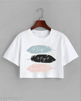 White cotton blend printed crop top with feather design, short sleeves and flattering fit for women
