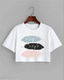White cotton blend printed crop top with feather design, short sleeves and flattering fit for women
