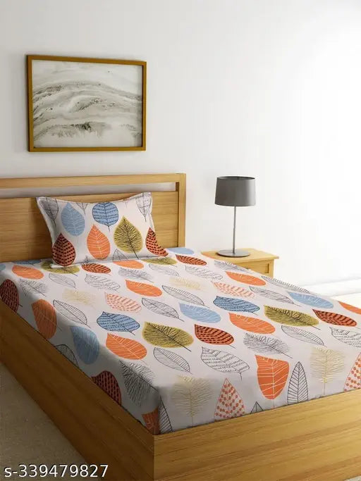 KREATOSS Prime Collection single cotton-blend bedsheet & pillow covers (190 TC, 75x75 ft), botanical print, ideal for summer use on single beds