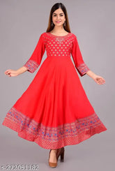 Rayon printed women's Anarkali kurta with three-quarter sleeves, vibrant Indian design. Close-up on single size M (bust 42in, length 50in)