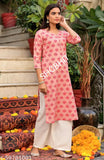 Attractive pink rayon kurta set with palazzos, three-quarter sleeves - Indian gold print design