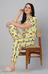 Women's yellow printed polycotton shirt & pyjama set, half-sleeve top and matching bottoms with elastic waistband, vibrant print design