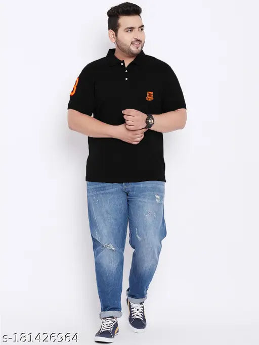 Bigbanana men's plus size TIM-Black solid polo t-shirt, printed with short sleeves, available in XXL, XXXL, 4XL, 5XL, and 6XL sizes (Chest Sizes: 50in, 53in, 55in, 58in, 60in; Length Sizes: 27in, 28in, 29in, 30in, 31in). Made in India