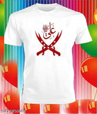 New printed polyester, short-sleeve white T-shirt for men featuring Ya Ali Arabic logo. Modern typography print on a comfortable regular fit