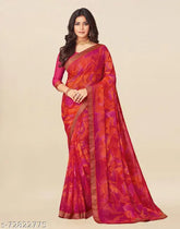 Hot Pink Chiffon Multi Saree, vibrant printed design on display