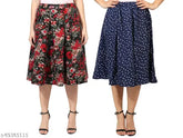 Black floral & navy blue small dot print mid calf length women's skirt combo, IBPanel polyester crepe