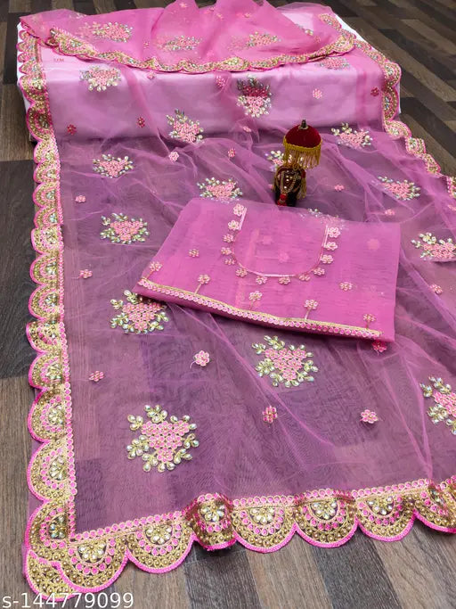 Heavy net fabric embroidery work saree with diamond detailing and party wear, Indian wedding saree in free size