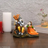 Multicolor Polyresin Lord Krishna Idol, intricately handcrafted Indian god statuette with a length of 12.5 cm, height of 15 cm, and breadth of 11.5 cm