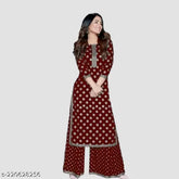 Maroon viscose rayon kurta and palazzos set by Heena Khan, printed net design, premium quality Indian casual wear