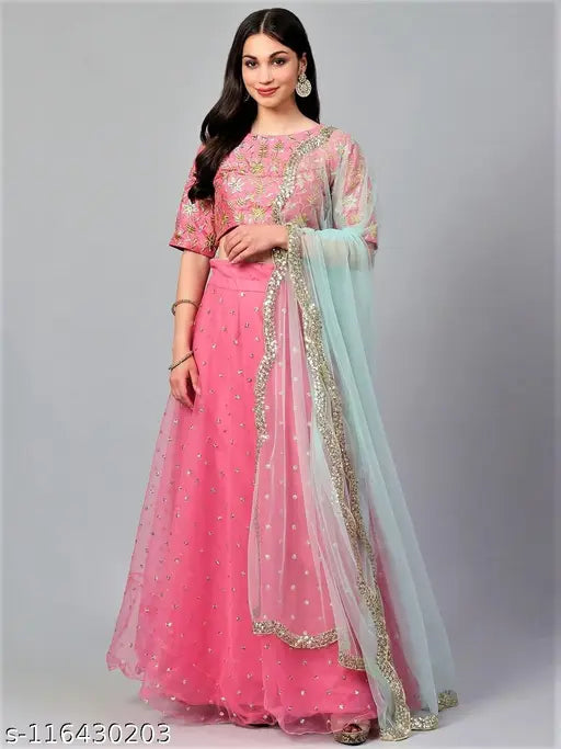 Green & pink sequinned semi-stitched Lehenga Choli with embroidered net dupatta, art silk topwear and net bottomwear, free size for Indian bridal wear