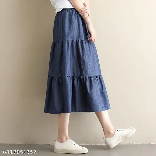 Blue denim women's frilled skirt, casual Western style jeans skirts from Codaisy. Versatile and stylish for all seasons, ideal for plus sizes, length 34 inches, classic blue color, perfect for various tops and occasions