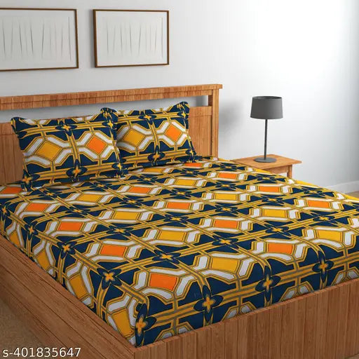 White Glace Cotton double bed sheet set with 2 pillow covers, 200TC, geometric pattern, 90x90 inches, super fine quality for summer use