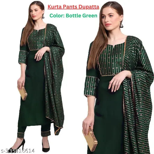 Women's cotton blend kurta set with palazzo pants and dupatta, solid net pattern, three-quarter sleeves. Indian women's partywear outfit in sizes S-XXL