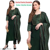 Women's cotton blend kurta set with palazzo pants and dupatta, solid net pattern, three-quarter sleeves. Indian women's partywear outfit in sizes S-XXL