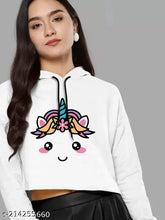White unicorn crop top hoodie, printed design, girls casual wear, Indian origin