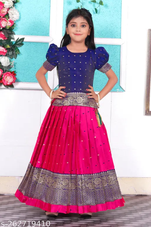 Cotton silk girls' lehenga choli set with short sleeves, intricate woven design and zari stitch, suitable for 12-10 years old, made in India