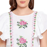White rayon embroidered top for women, short sleeves, intricate Indian design