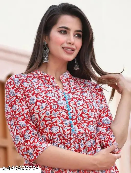 Rayon Anarkali Jaipur Kurti, vibrant Sanganeri prints, traditional hand-block printed fashion