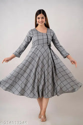 Grey rayon check Anarkali kurta for office/party wear, perfect for festive occasions, Indian design with frill sleeves and drawstring lace, suitable for casual and formal events