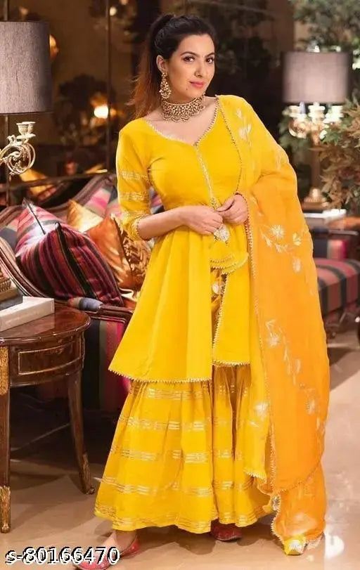 Festive rayon kurta, sharara & dupatta set for women - traditional indian attire, haldi function - rayon fabric ethnic set with three-quarter sleeves