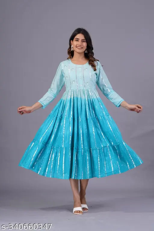 Striped Cotton Lurex Anarkali Gown, three-quarter sleeves, Indian tie-dye embroidered neck