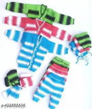 Assorted striped polyester winter baby suit (0-1 month), includes cap, sweater, pyjama, socks - Indian brand for newborn comfort in cold weather