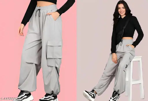 Women's polyester pants, new trending design with 4 pockets in solid net, grey color