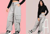 Women's polyester pants, new trending design with 4 pockets in solid net, grey color