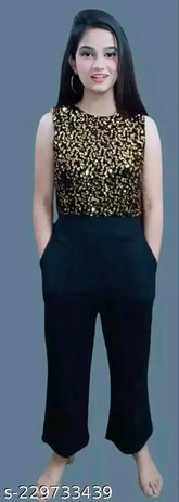 Golden lycra sleeveless sequin jumpsuit, high-quality soft imported fabric for women's fashionable wardrobe, embellished net design, graceful look