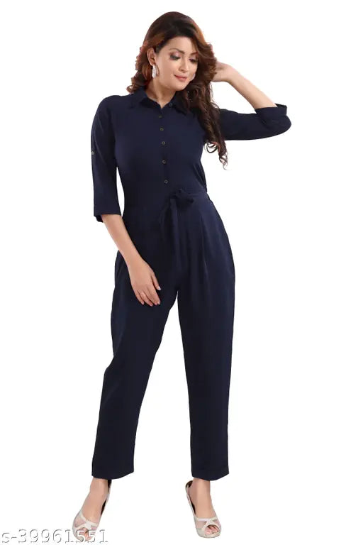 Crepe, solid-colored regular wear jumpsuit with open collar and three-quarter sleeves