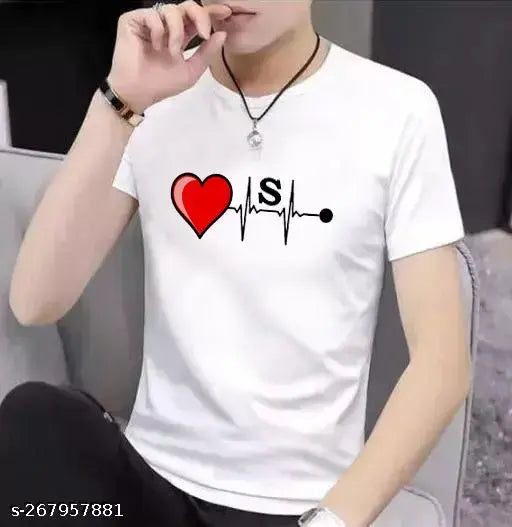 White polyester men's self-design round neck half sleeve t-shirt with striped typography, perfect for casual wear