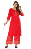 Rayon printed kurta and palazzo set, three-quarter sleeves, gold print and lace detailing, Indian ethnicwear