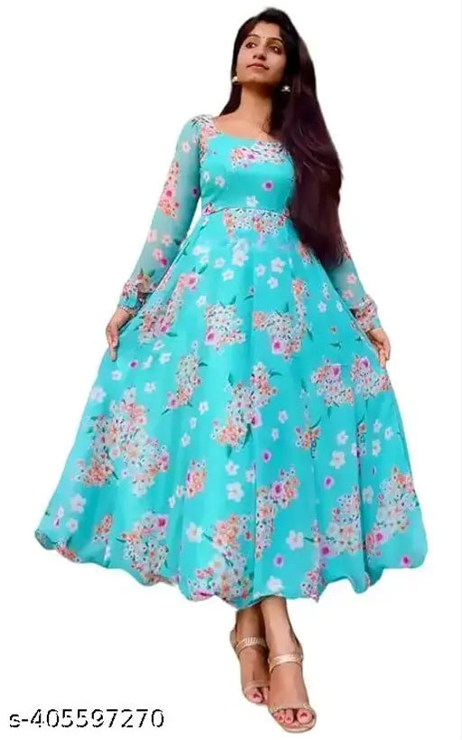 Aqua Blue Georgette Kurta Set, S/L/XL. Printed women's kurta with three-quarter sleeves, cotton origin India